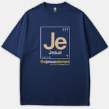 A navy blue Christian t-shirt featuring a periodic table tile design for Jesus with the text 'the jesus element perfect chemistry'.