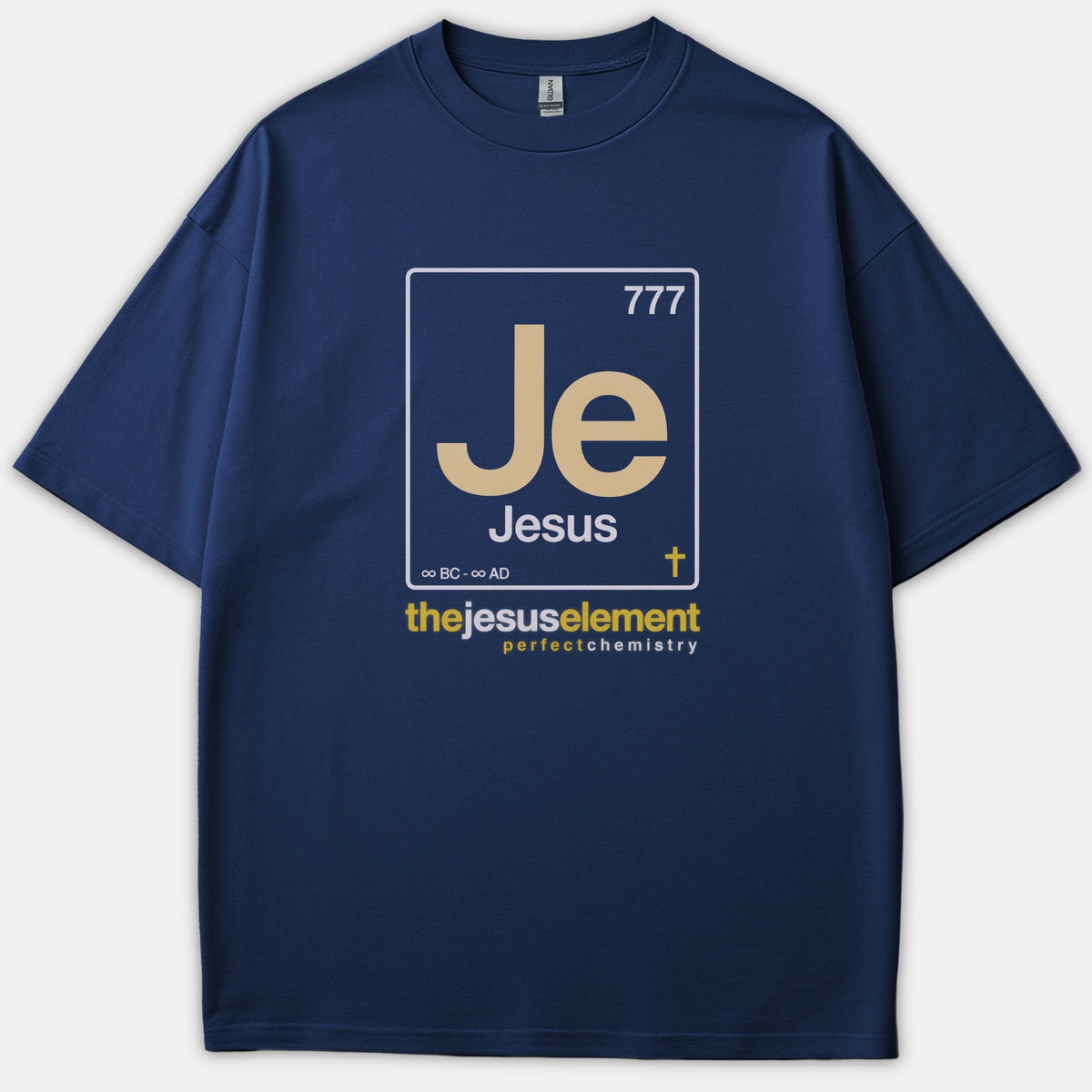 A navy blue Christian t-shirt featuring a periodic table tile design for Jesus with the text 'the jesus element perfect chemistry'.