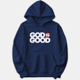 A navy blue hoodie featuring a bold graphic print on the chest that reads GOD IS GOOD in white lettering with a red circular accent.