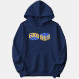 A navy blue pullover hoodie featuring a wavy graphic print on the chest reading GOOD NEWS in bold yellow and light blue typography.
