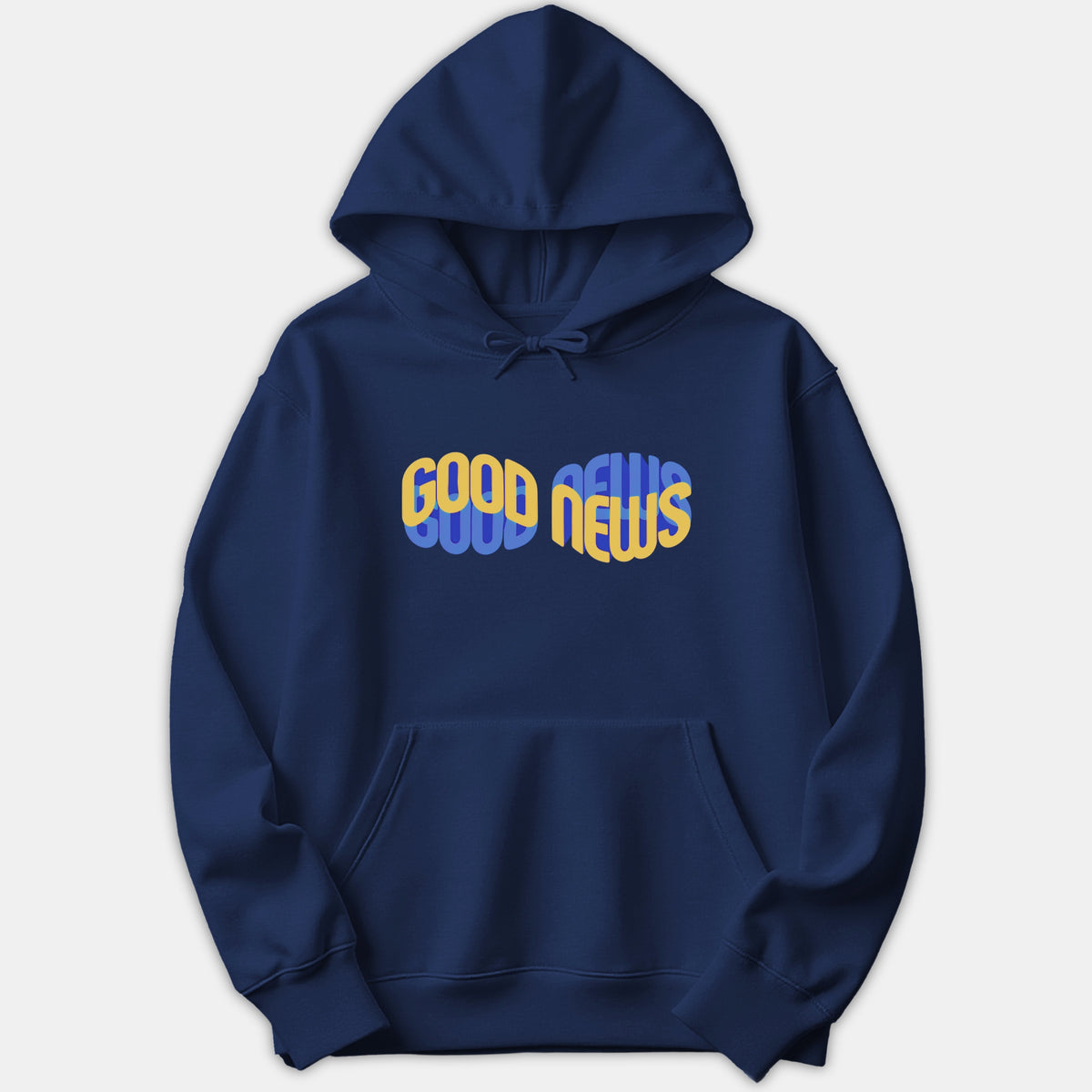 A navy blue pullover hoodie featuring a wavy graphic print on the chest reading GOOD NEWS in bold yellow and light blue typography.