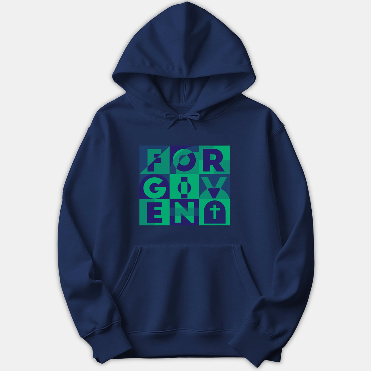 A navy blue pullover hoodie featuring a colorful geometric block graphic spelling out FORGIVEN with a small cross icon in green and purple tones.