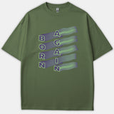 An olive green Christian t-shirt featuring the words 'BORN AGAIN' in bright lime green text over wavy purple graphic lines.
