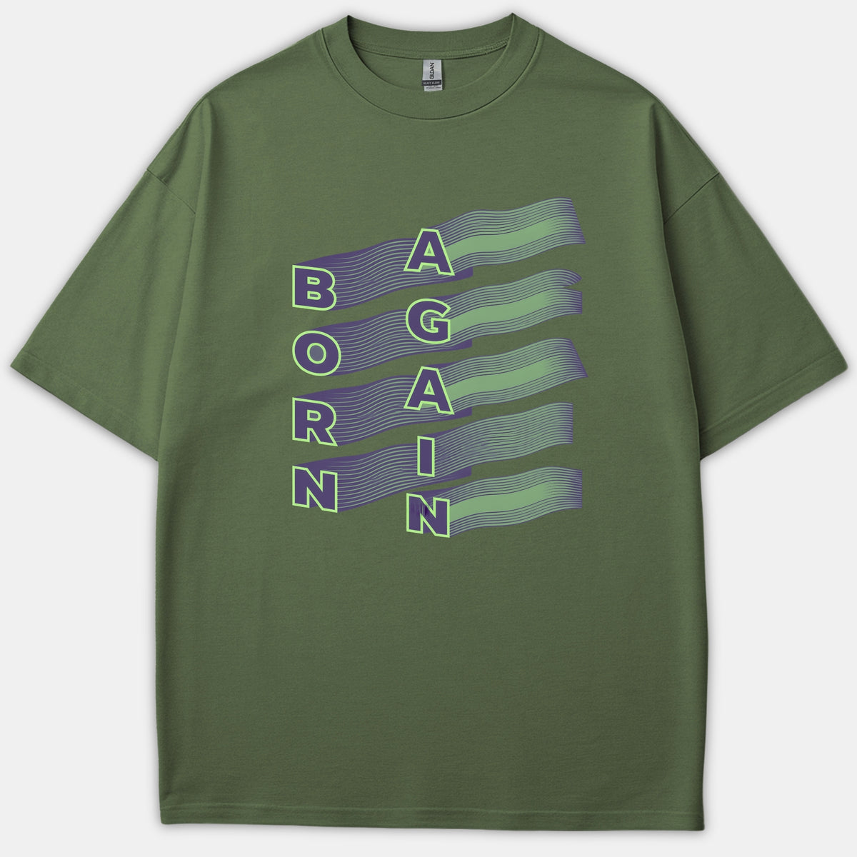 An olive green Christian t-shirt featuring the words 'BORN AGAIN' in bright lime green text over wavy purple graphic lines.