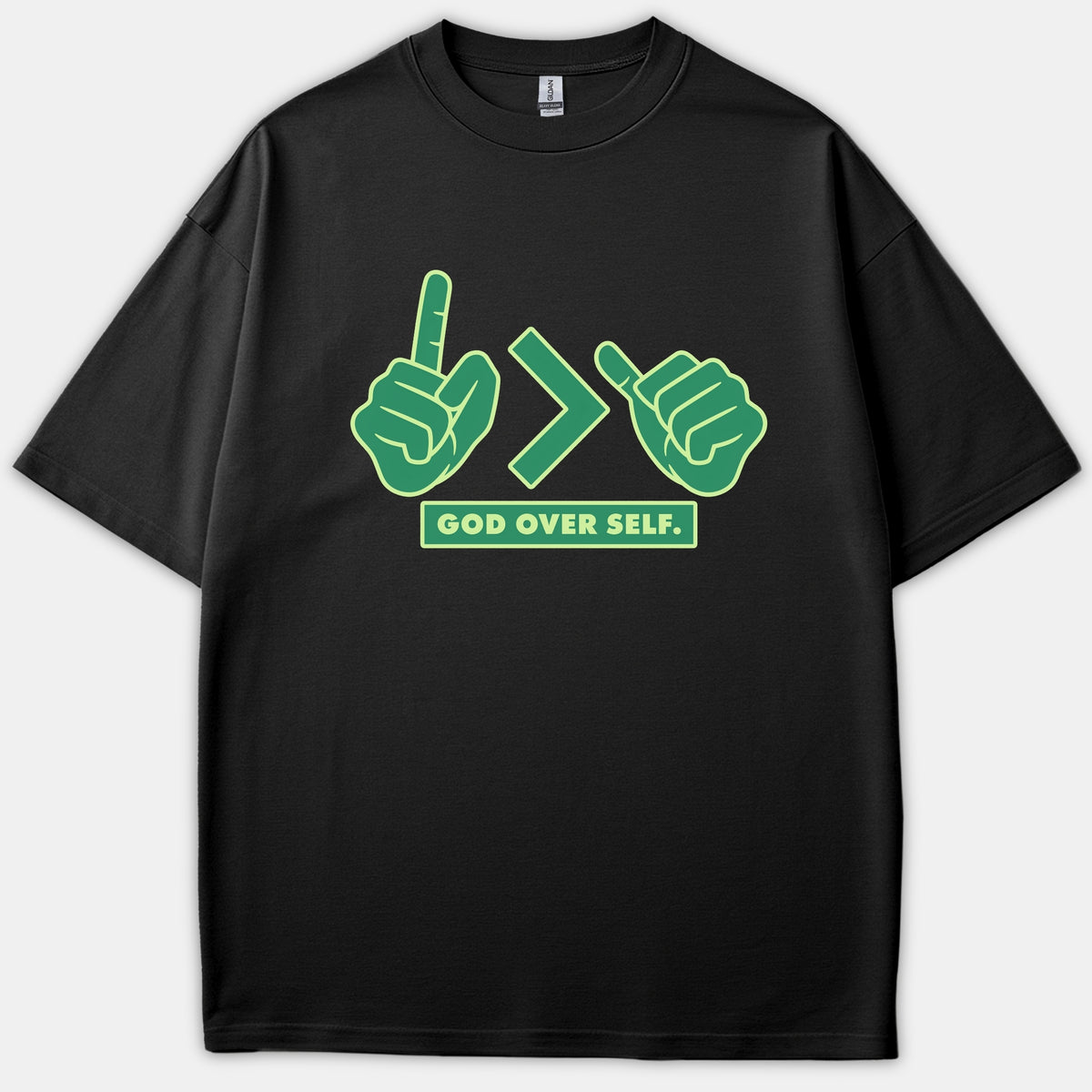 A black t-shirt featuring a green graphic with hand symbols displaying a greater-than sign above the text GOD OVER SELF.