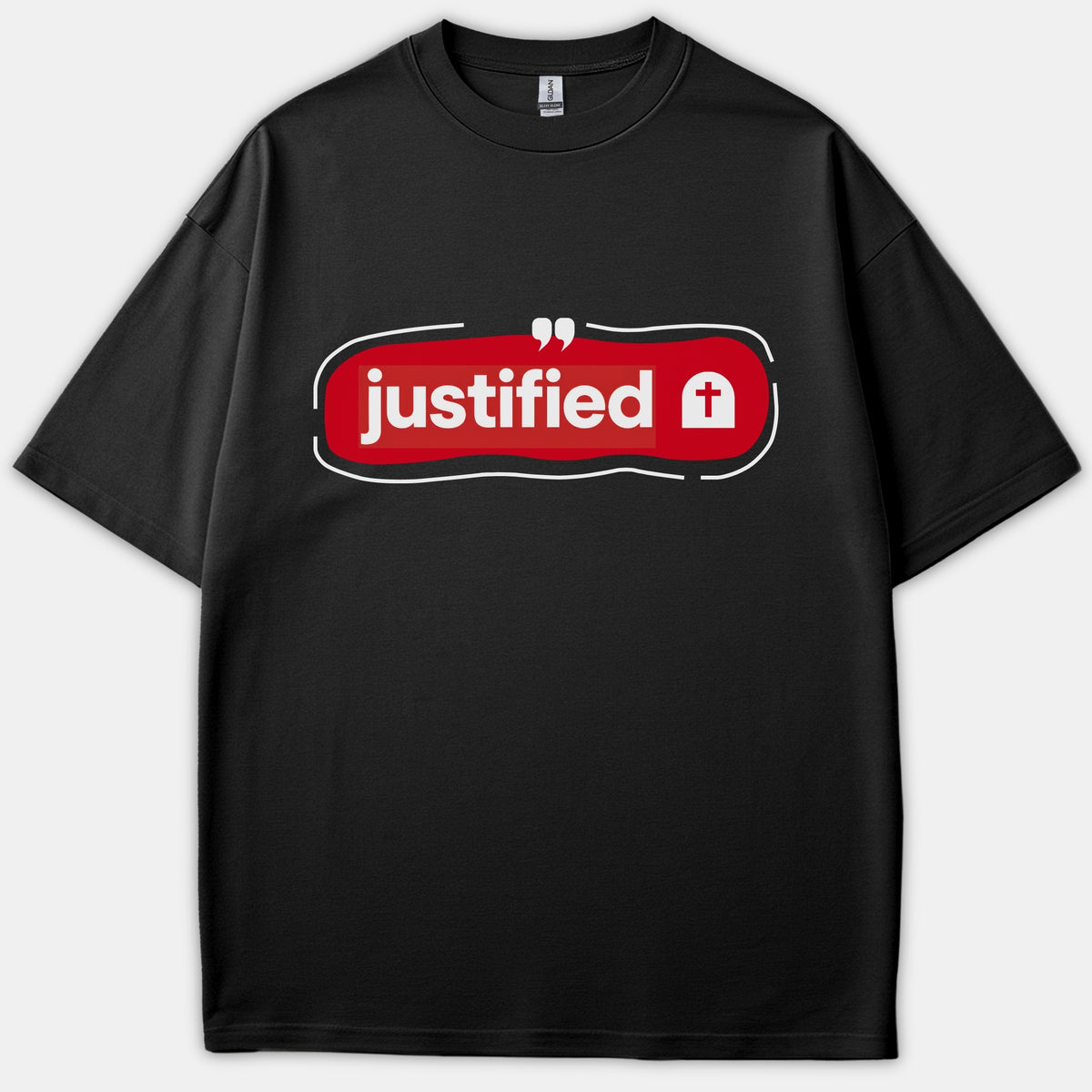 A black Christian t-shirt featuring a red badge graphic with the word justified in white text alongside an arched cross symbol.