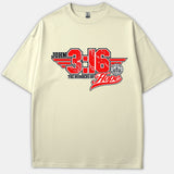 A beige Christian t-shirt featuring a red and black athletic-style graphic print that reads John 3:16 The Numbers of Hope.