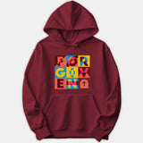 A maroon hoodie featuring a colorful geometric block graphic on the chest that spells out FORGIVEN with a Christian cross symbol.