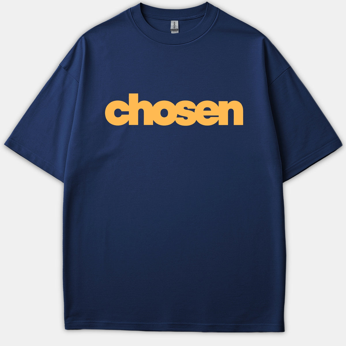 A navy blue t-shirt featuring the word chosen printed across the chest in bold yellow lowercase lettering.