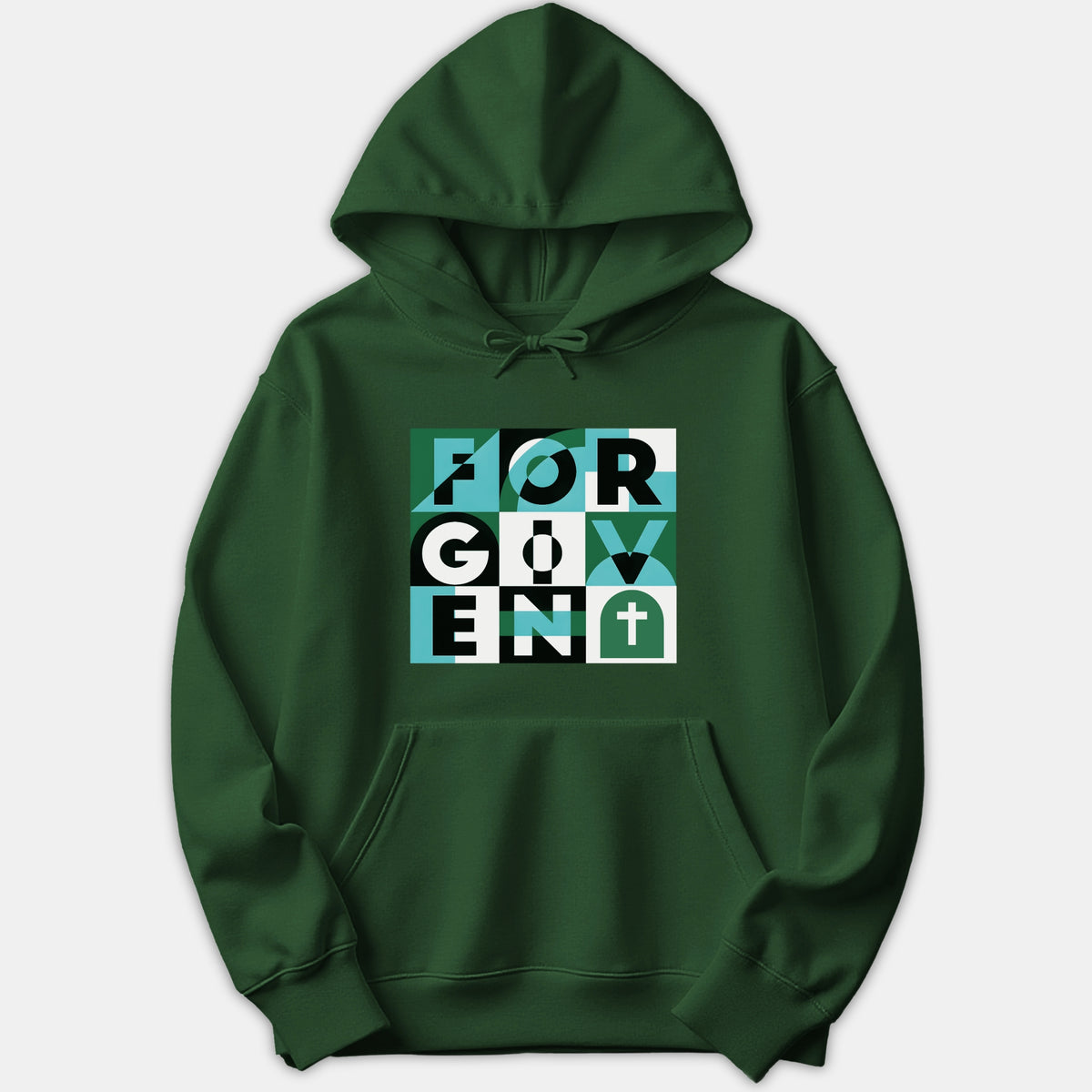 A dark green pullover hoodie featuring a modern geometric graphic print with the word FORGIVEN and a small cross symbol.