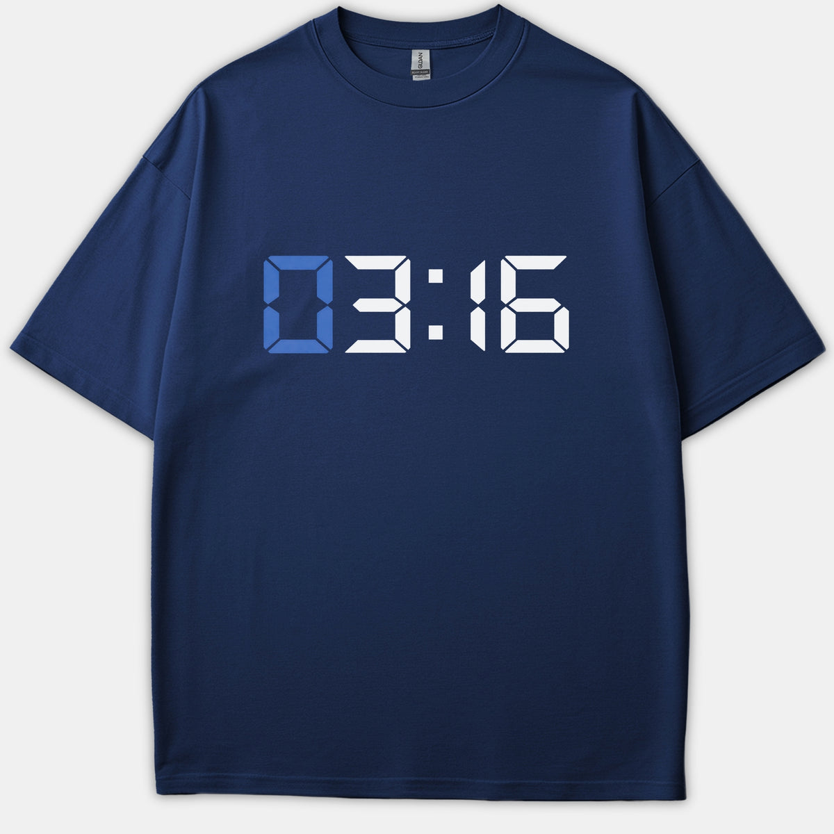 A navy blue t-shirt featuring a digital clock display graphic reading 03:16 with a light blue zero and white digits.