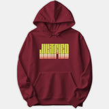 A dark red hoodie featuring the word JUSTIFIED printed in a retro yellow and orange gradient design across the chest.