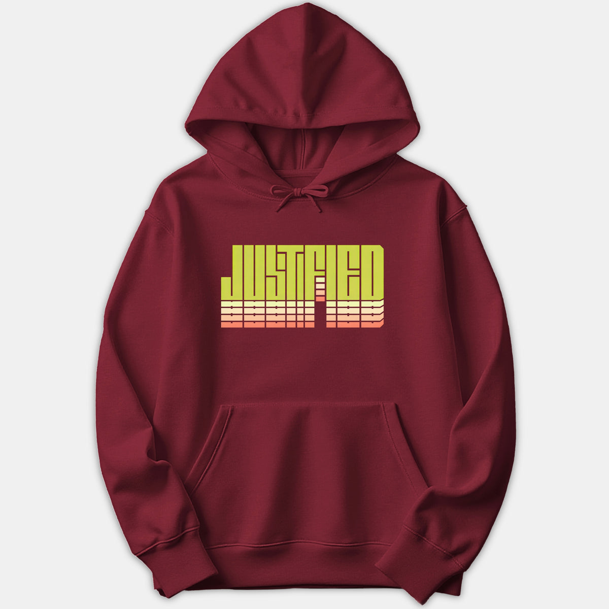 A dark red hoodie featuring the word JUSTIFIED printed in a retro yellow and orange gradient design across the chest.