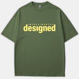 An olive green Christian T-shirt featuring the words 'INTELLIGENTLY designed' printed prominently across the chest in pale yellow lettering.