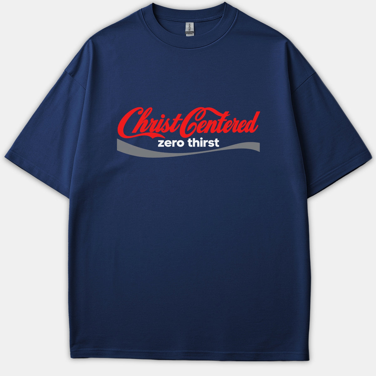 A navy blue Christian t-shirt featuring the graphic text 'Christ Centered zero thirst' styled like a classic soda logo in red, white, and gray.