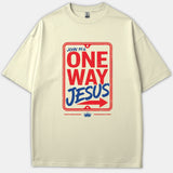 A beige Christian t-shirt featuring a vintage street sign graphic that reads John 14:6 One Way Jesus in bold red and blue.