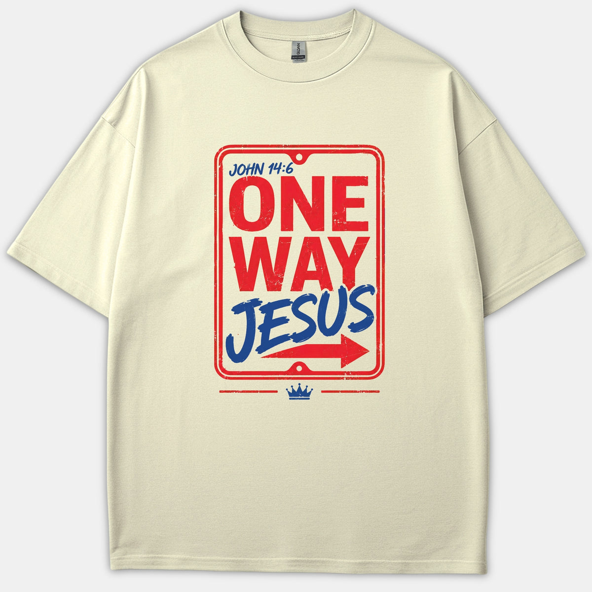 A beige Christian t-shirt featuring a vintage street sign graphic that reads John 14:6 One Way Jesus in bold red and blue.
