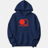 A navy blue hoodie featuring a red graphic of an empty tomb with the words 'HE IS RISEN MATT. 28:6' printed across the front.