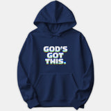 A navy hoodie featuring a retro graphic on the chest reading 'GOD'S GOT THIS.' in bold white text with colorful orange and blue shadowed layers.