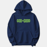 A navy blue pullover hoodie featuring the text GOD=GOOD printed in bold green lettering across the chest.