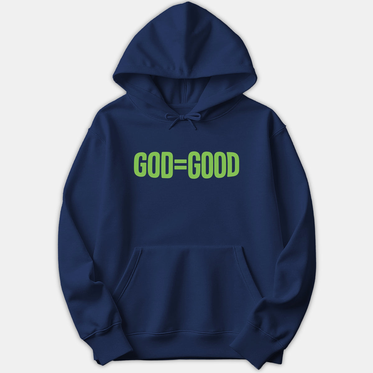 A navy blue pullover hoodie featuring the text GOD=GOOD printed in bold green lettering across the chest.