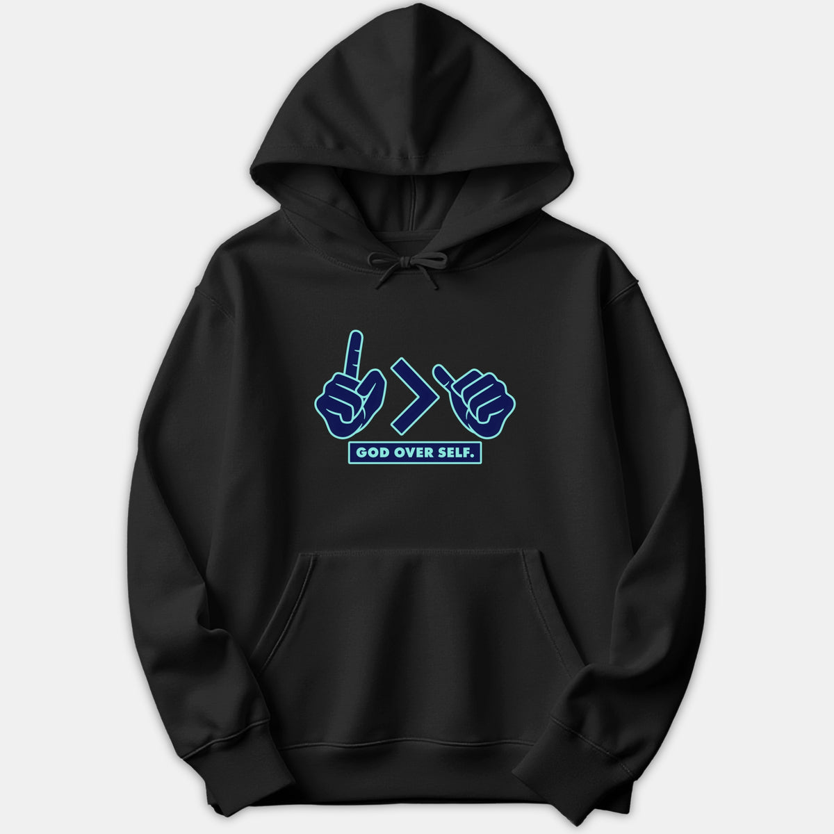 A black hoodie featuring a Christian graphic design with hand gestures framing a greater-than sign above the text GOD OVER SELF in vibrant blue tones.