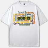 A white Christian T-shirt displaying a typography word cloud centered around 'GOD IS' surrounded by colorful attributes such as Righteous, Holy, Loving, and Faithful.