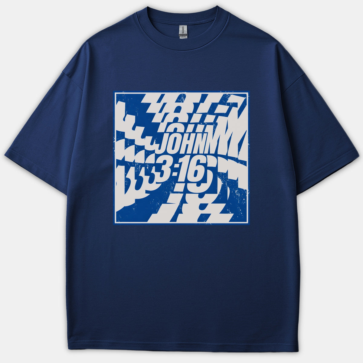 A navy blue t-shirt featuring a square graphic with white kinetic distorted typography displaying the Bible verse reference John 3:16.