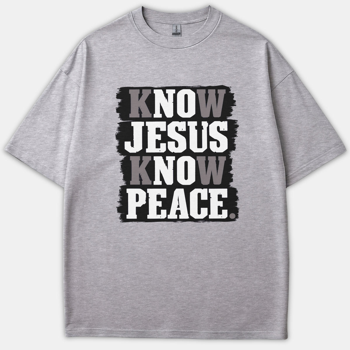 A heather gray Christian t-shirt featuring a distressed black graphic banner with the text KNOW JESUS KNOW PEACE printed in bold white and gray lettering.