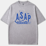 A heather gray Christian T-shirt featuring a blue graphic that spells out ASAP with the phrase ALWAYS STOP AND PRAY underneath.