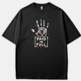 A black Christian t-shirt featuring a distressed white handprint with a red mark in the palm, above a box containing the words PAID IN FULL and a red cross.