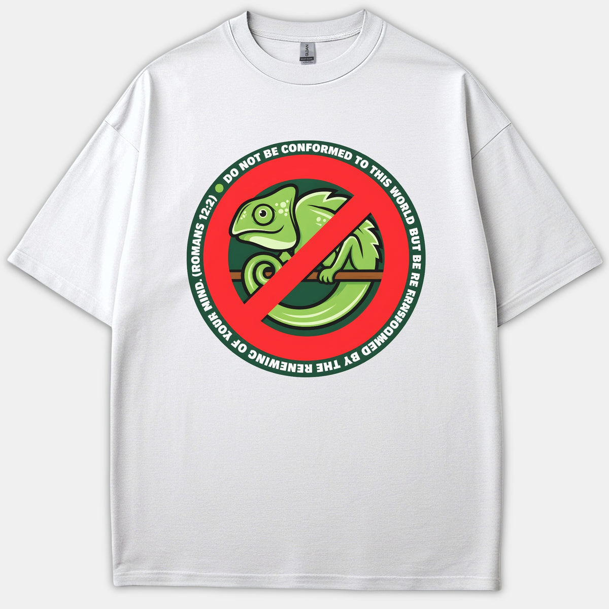 A white Christian t-shirt featuring a green chameleon inside a red prohibition symbol, surrounded by the scripture text from Romans 12:2.