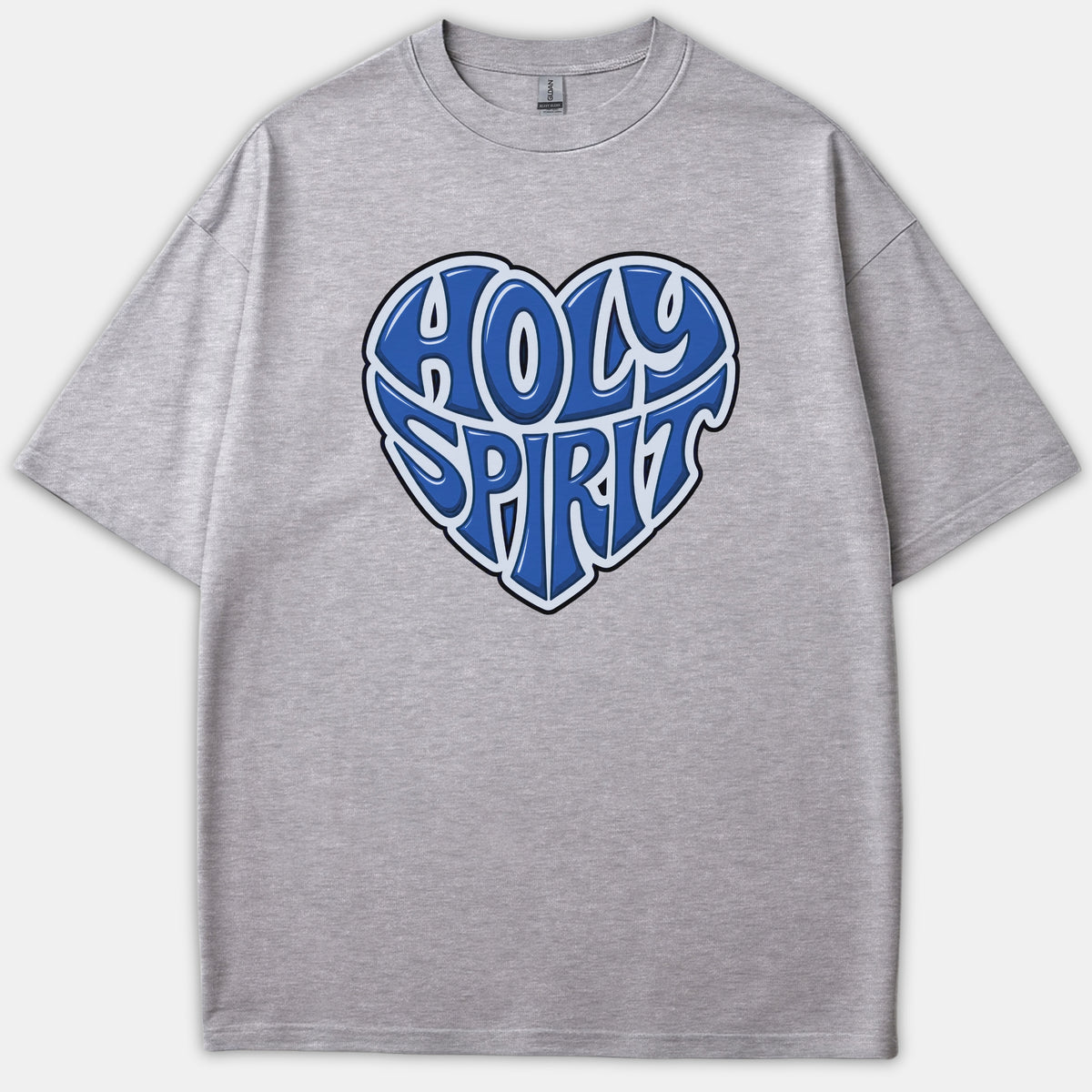 A heather gray t-shirt featuring a heart-shaped graphic with the words HOLY SPIRIT styled in bold blue typography.