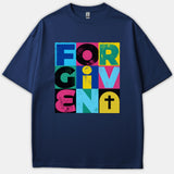 A navy blue t-shirt featuring a colorful graphic grid spelling FORGIVEN with a Christian cross symbol.