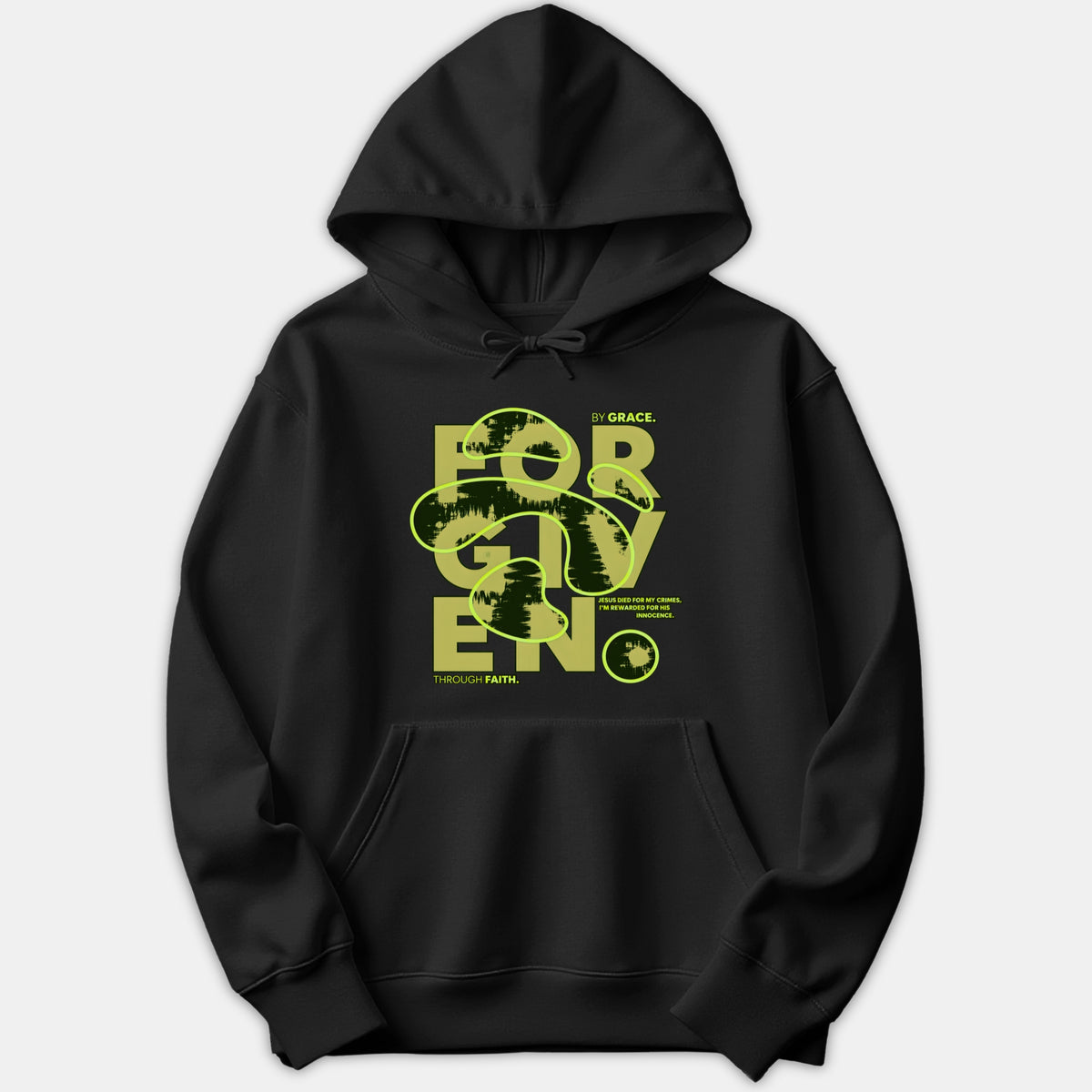 A black hoodie featuring a graphic design with the word 'FORGIVEN' and the phrase 'By Grace Through Faith' in olive and neon green lettering.
