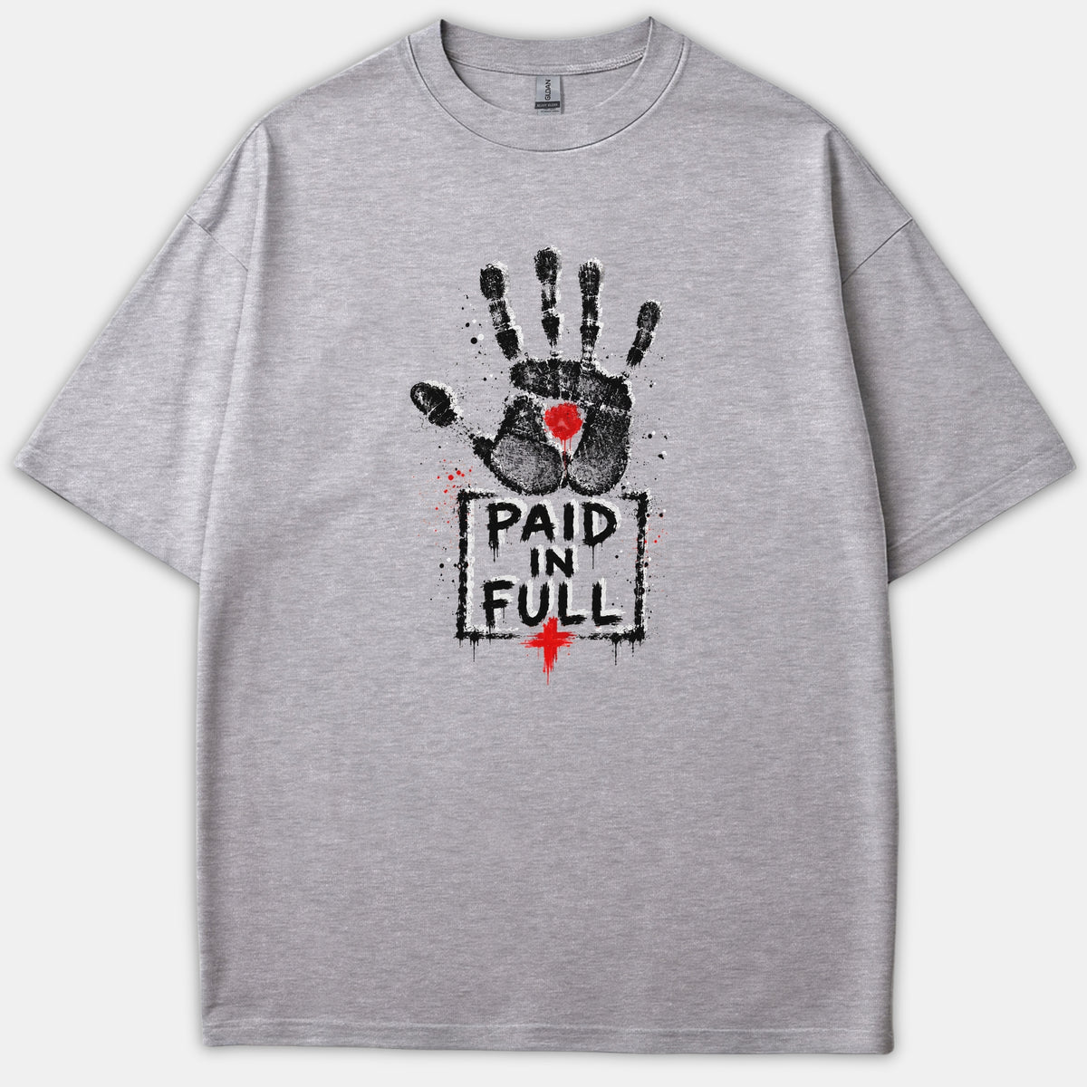 A light gray t-shirt featuring a black handprint graphic with a red mark in the palm above the text 'PAID IN FULL' and a small red cross.