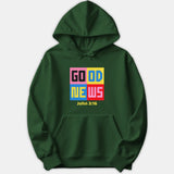 A dark green Christian hoodie featuring a colorful four-quadrant graphic reading GOOD NEWS with John 3:16 printed underneath.