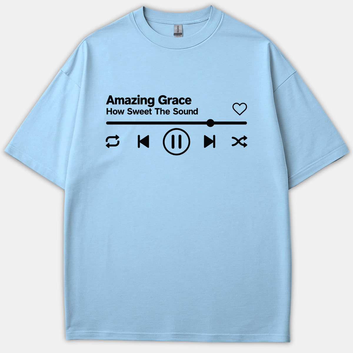 A light blue Christian t-shirt featuring a black music player interface graphic with the text Amazing Grace How Sweet The Sound.
