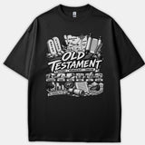 A black t-shirt featuring a detailed white and gray graphic illustration of the Old Testament timeline, including biblical stone tablets, scrolls, maps, and historical eras.