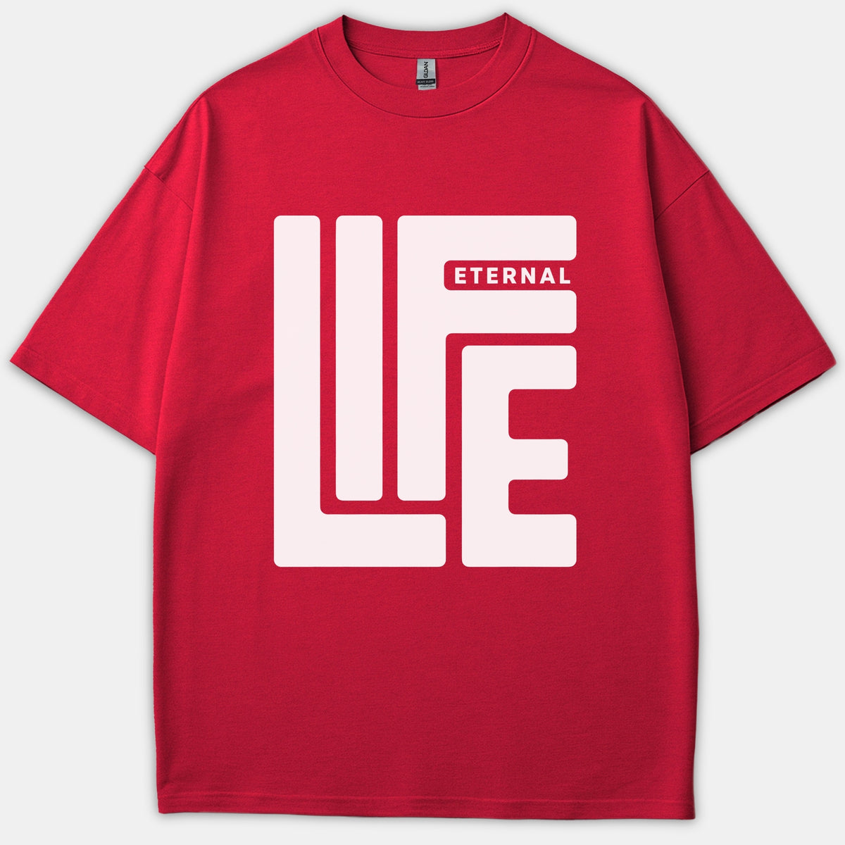 A red Christian t-shirt featuring a bold stylized white typographic graphic on the front that reads Eternal Life.