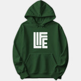 A dark green hoodie featuring a bold white graphic on the chest that displays the words Eternal Life in stylized block typography.