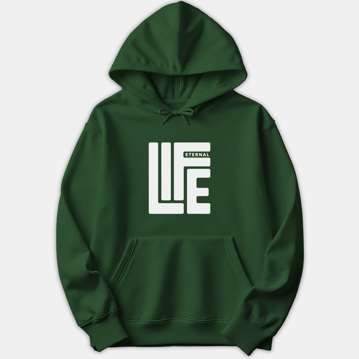 A dark green hoodie featuring a bold white graphic on the chest that displays the words Eternal Life in stylized block typography.