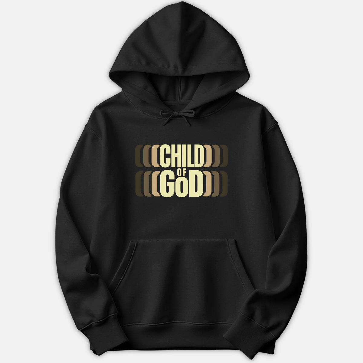A black hoodie featuring a retro styled graphic on the chest that reads 'CHILD OF GOD' with a layered echo effect in beige and brown tones.