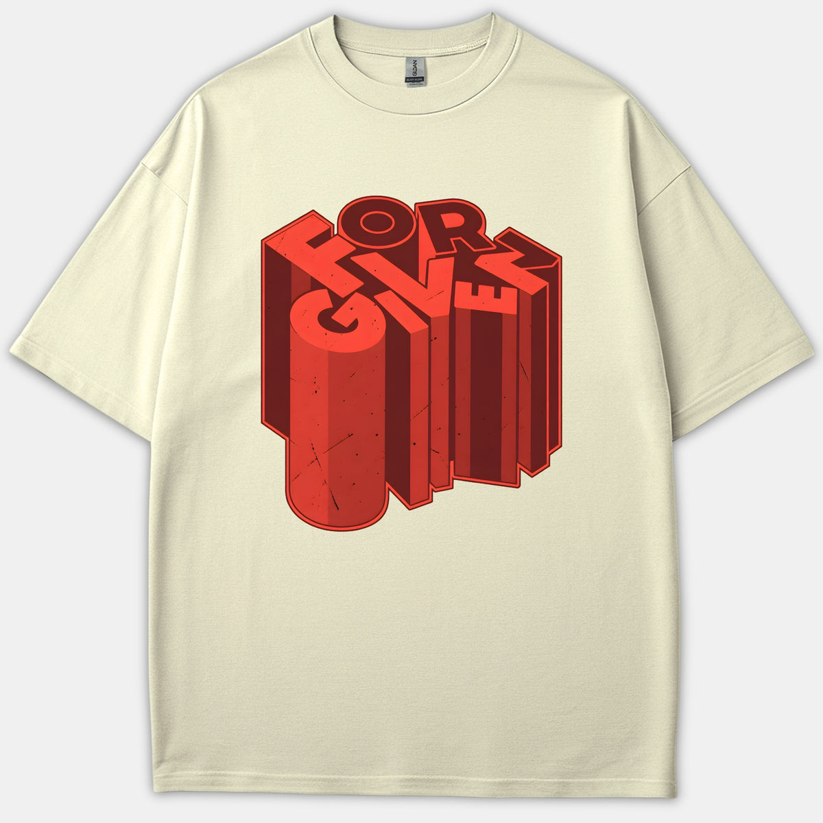 A beige t-shirt featuring a bold, 3D block graphic spelling out FORGIVEN in red lettering across the chest.