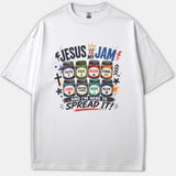 A white Christian T-shirt featuring eight colorful jam jars with faith labels under the graphic text Jesus is my Jam and I'm here to spread it.