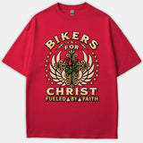 A red t-shirt featuring a Christian biker graphic with a winged ornate cross, a red rose, and the text 'Bikers For Christ Fueled By Faith'.