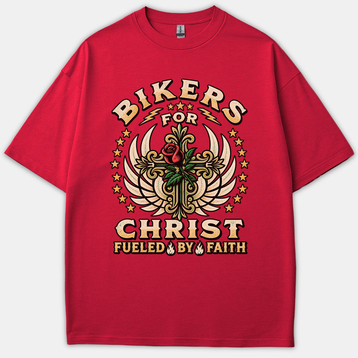 A red t-shirt featuring a Christian biker graphic with a winged ornate cross, a red rose, and the text 'Bikers For Christ Fueled By Faith'.
