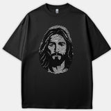 A black t-shirt featuring a stylized graphic portrait of Jesus Christ created inside a white fingerprint design.
