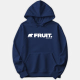 A navy blue hoodie featuring a white graphic print on the chest with a bear silhouette, the word FRUIT, and the scripture reference JOHN 15:5.
