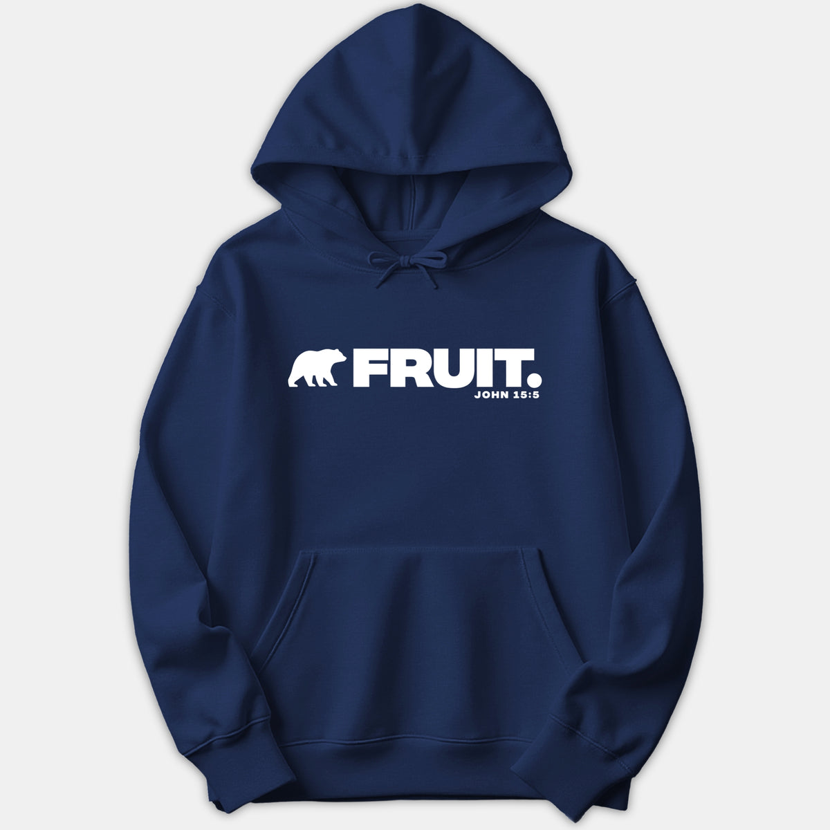A navy blue hoodie featuring a white graphic print on the chest with a bear silhouette, the word FRUIT, and the scripture reference JOHN 15:5.